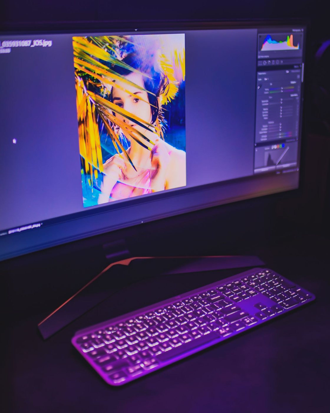 Photo editing workspace on a wide monitor