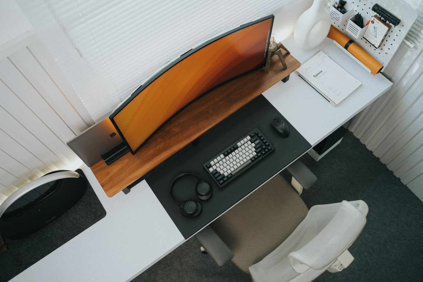 Desk layout with monitor, keyboard, and mouse