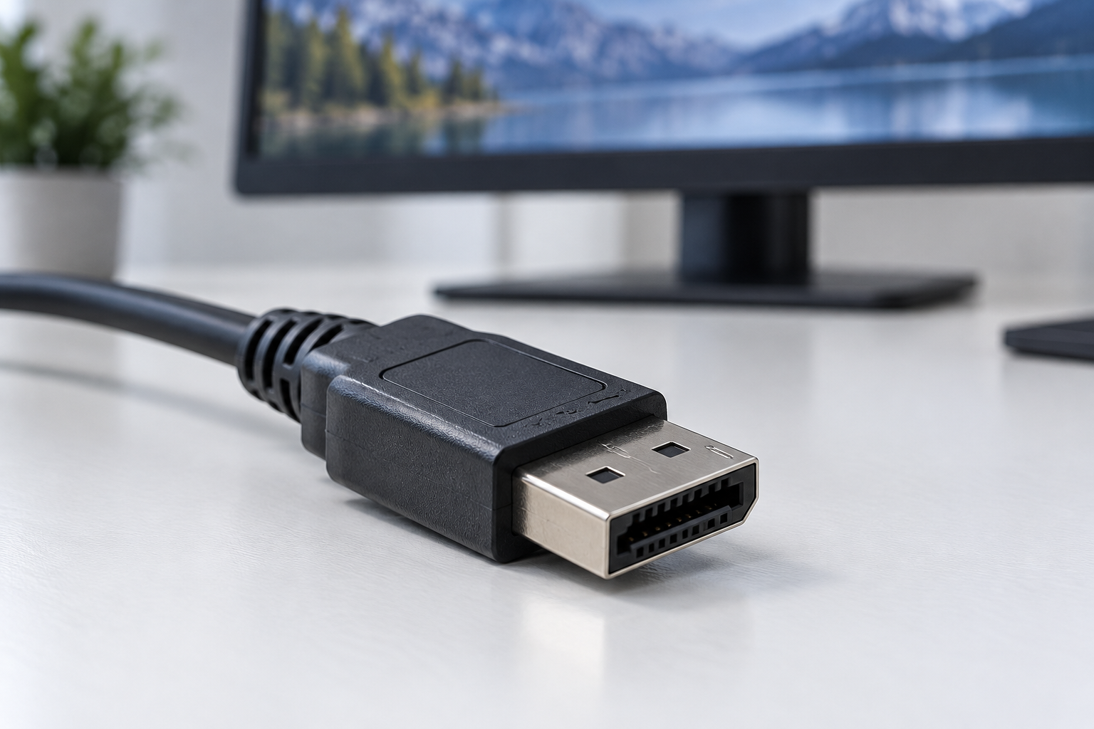 AI illustration of a full-size DisplayPort cable connector