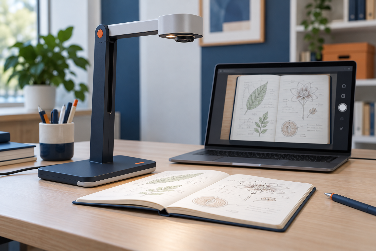 AI illustration of a document camera pointing down at a notebook