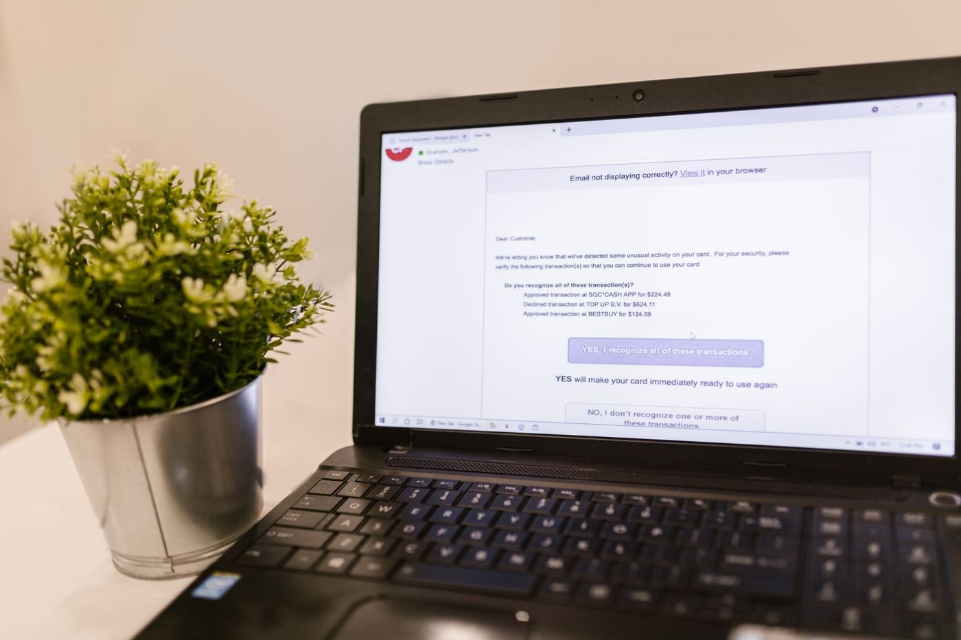 Laptop displaying an email message