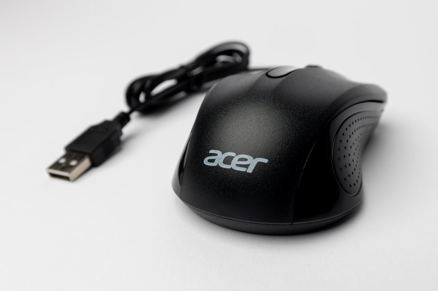 Wired computer mouse shown close up