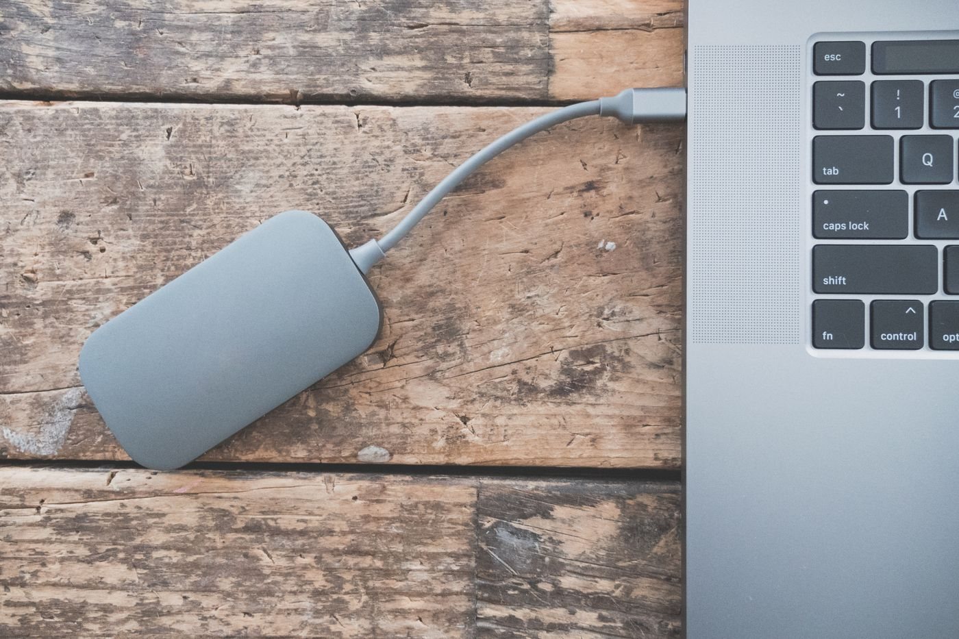 Portable storage drive connected to a laptop