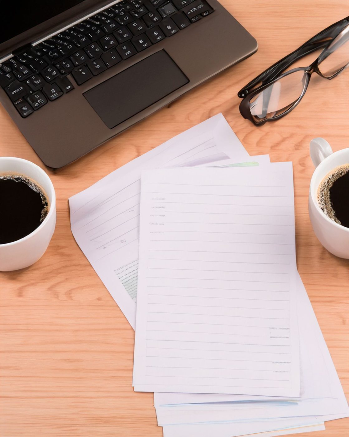 Documents and laptop arranged on a desk