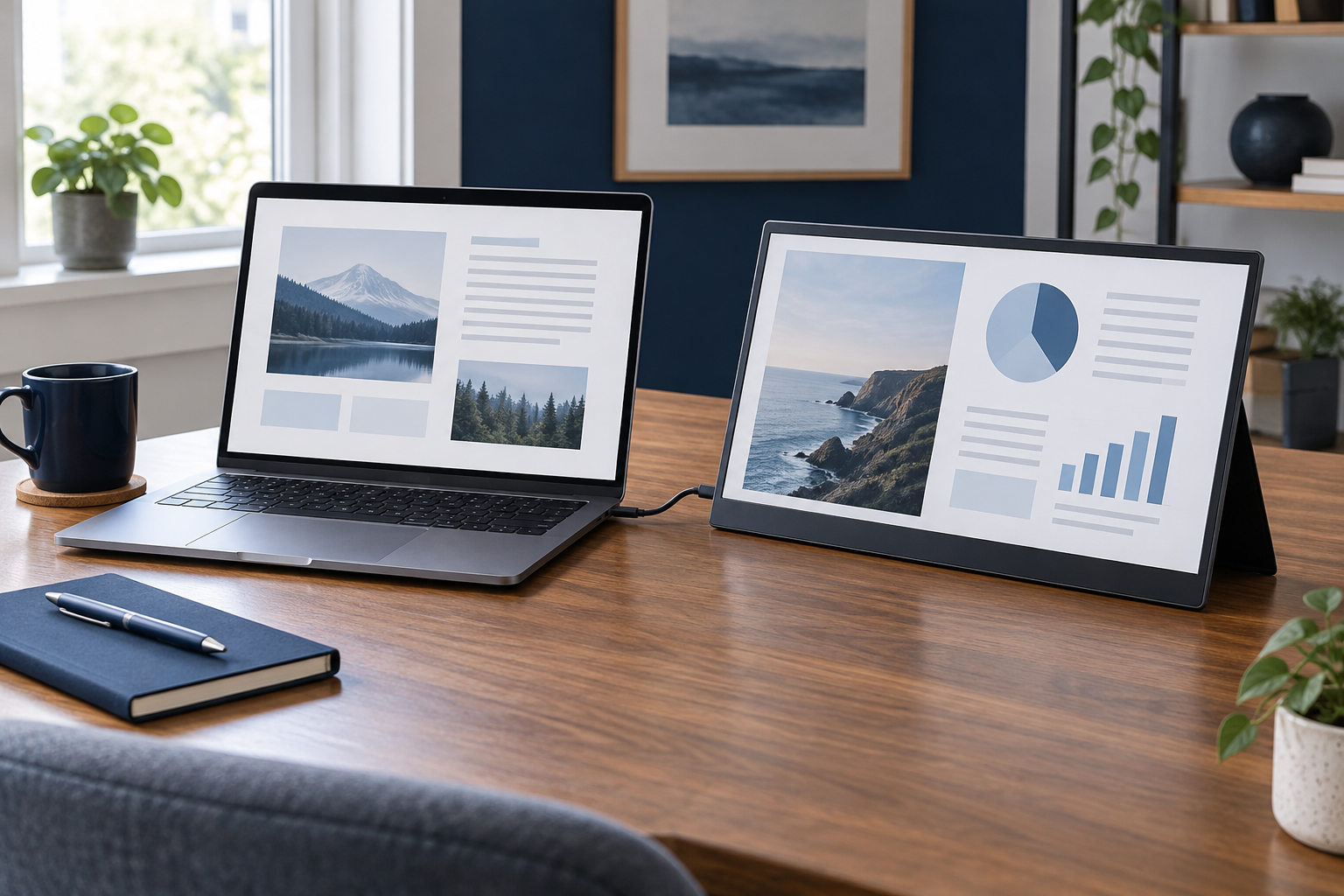 AI illustration of a laptop connected to a portable monitor