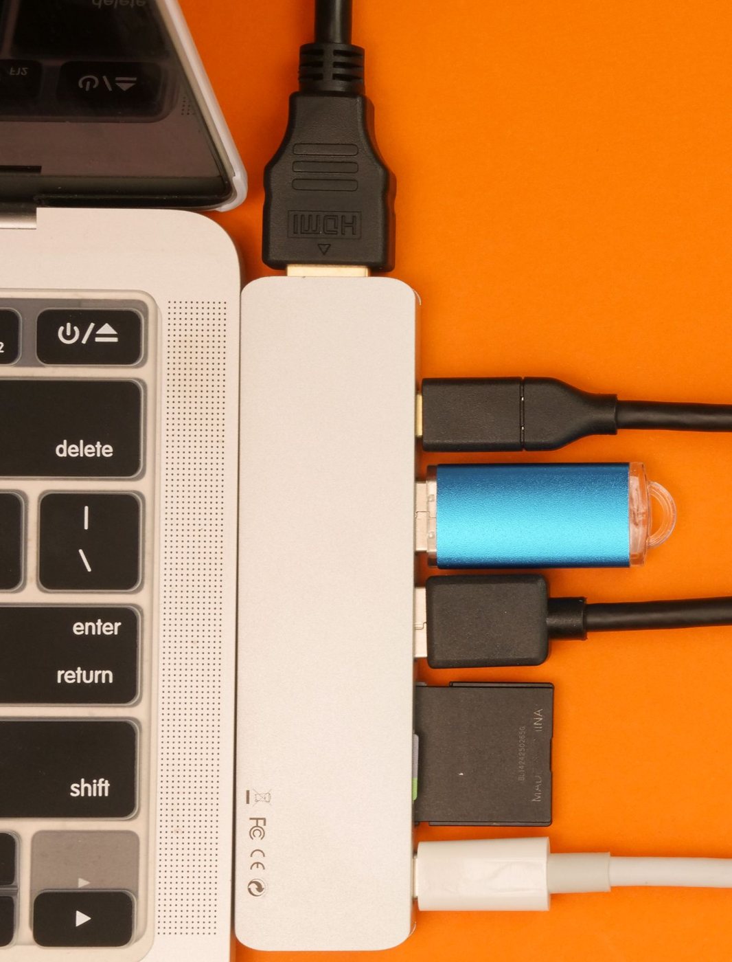 USB hub with several connected cables