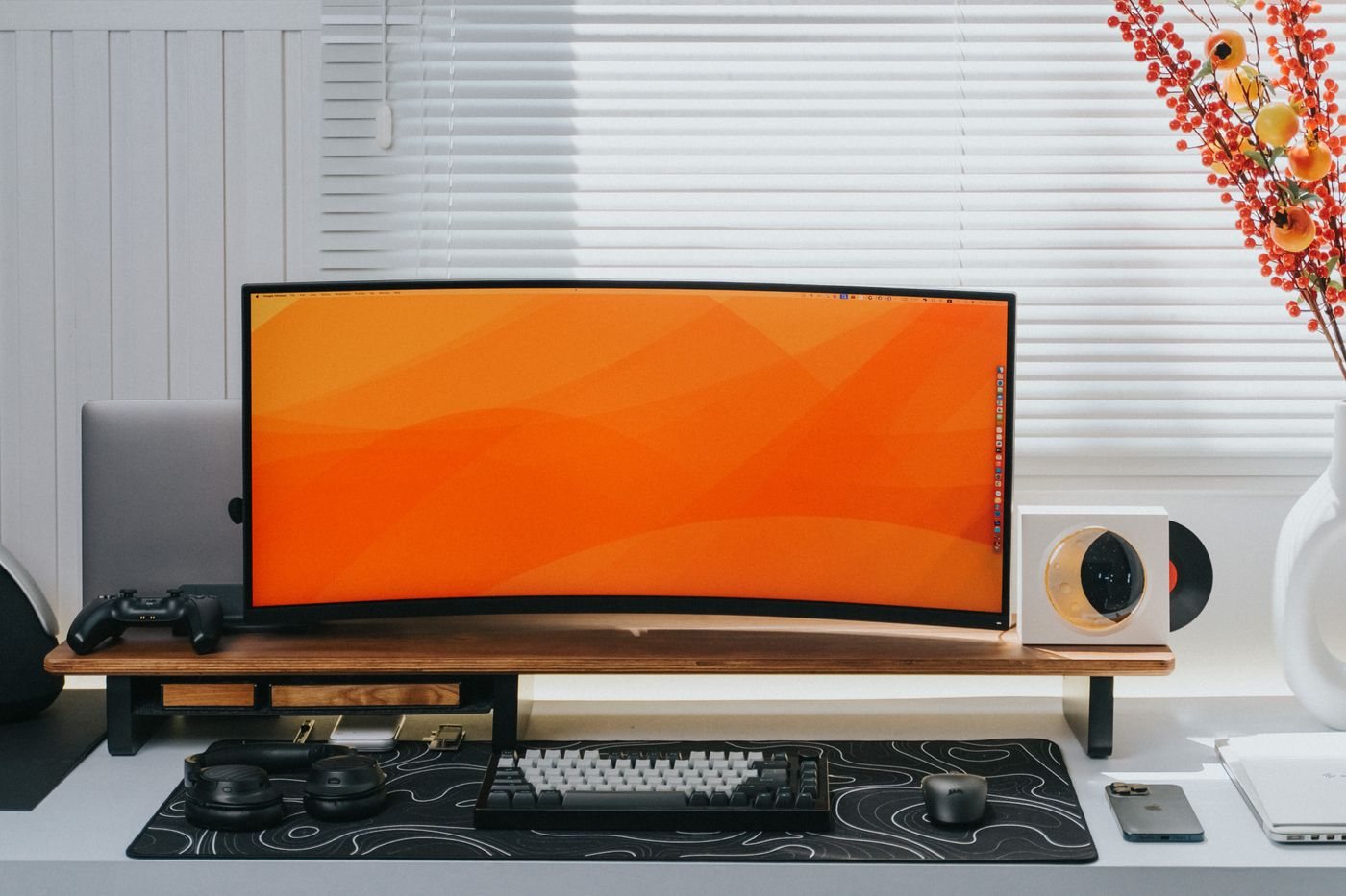 Curved monitor on a home office desk