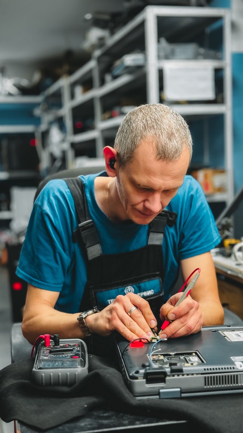 Technician inspecting a laptop at a repair bench