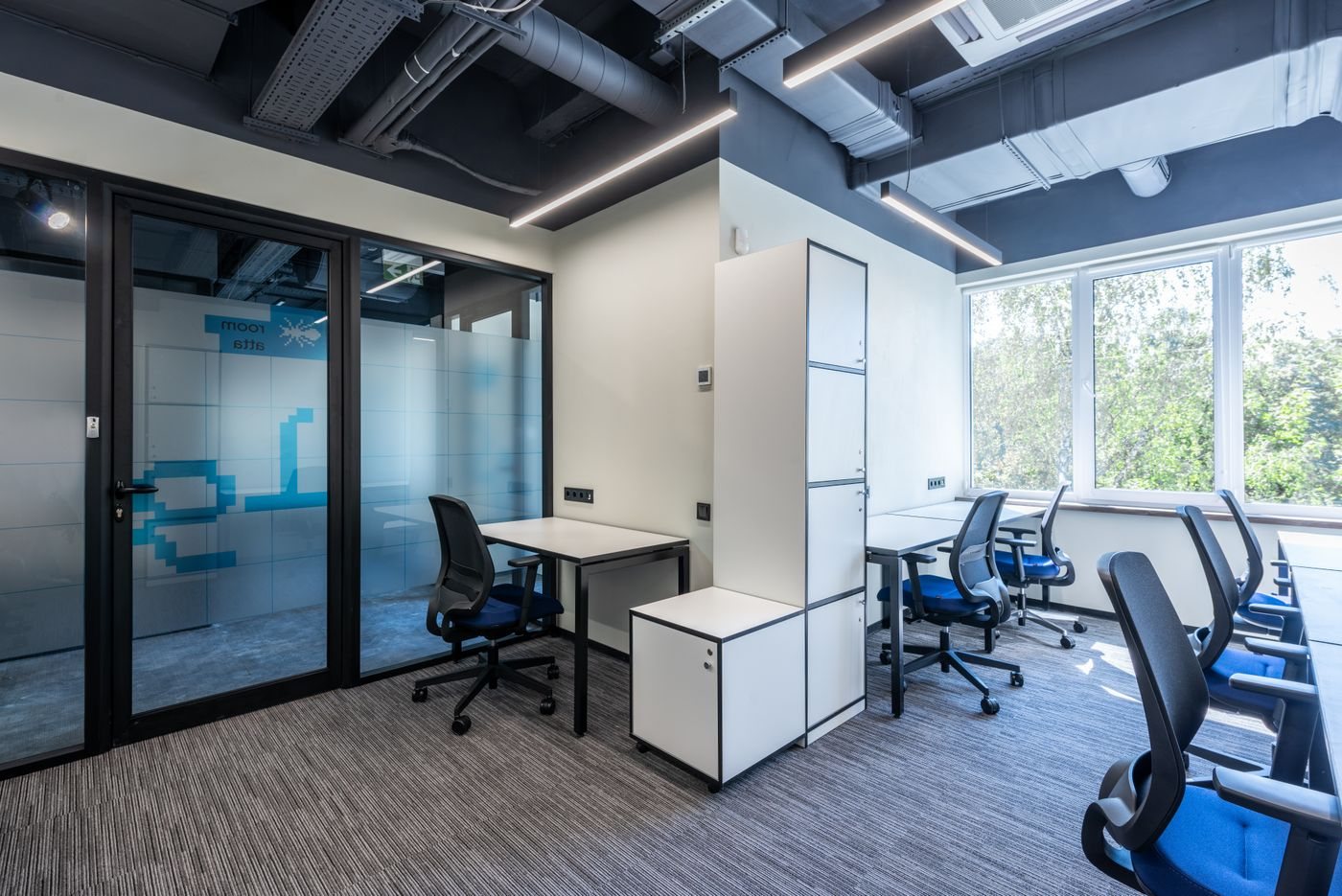 Shared office desks with chairs