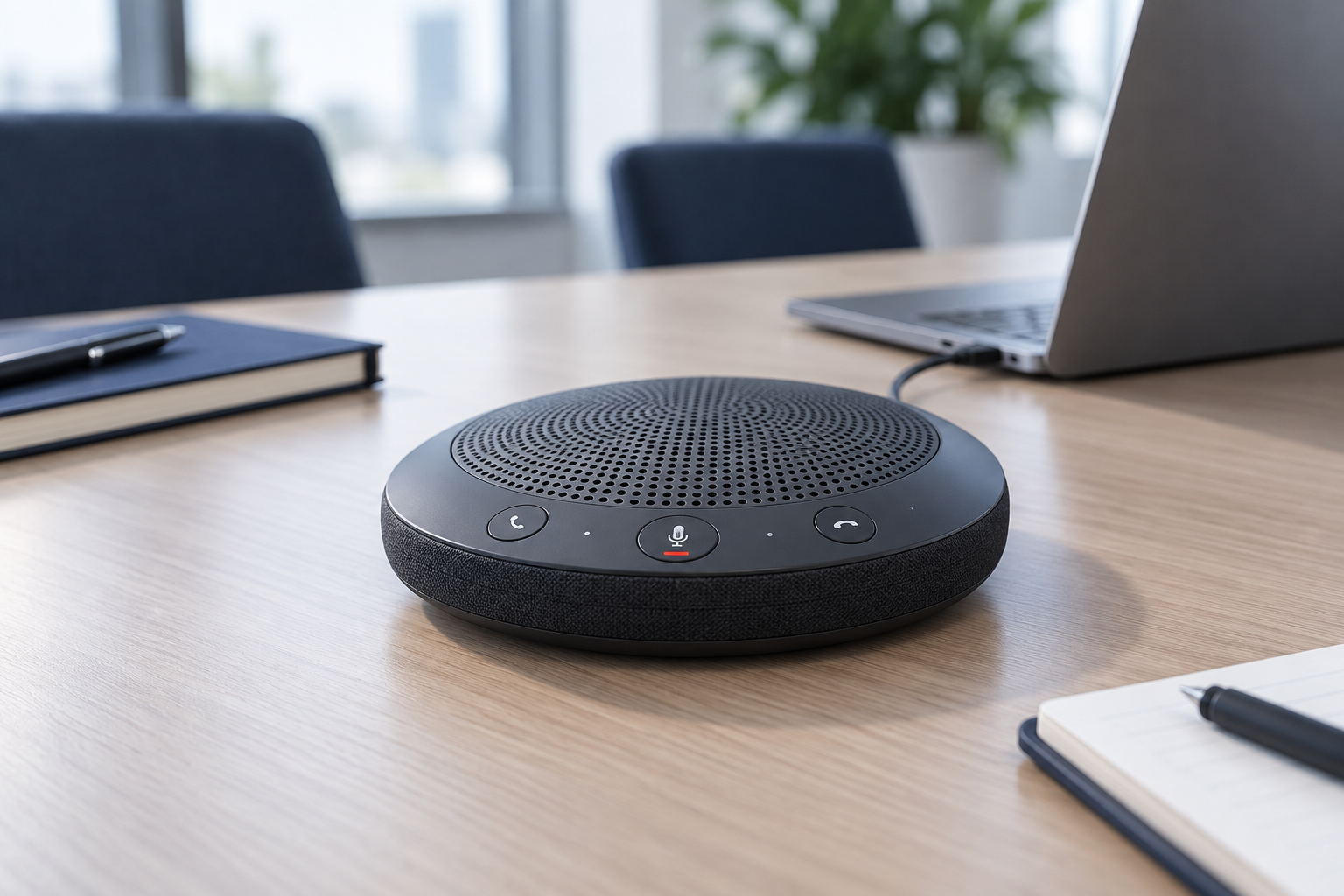 AI illustration of a tabletop USB conference speakerphone