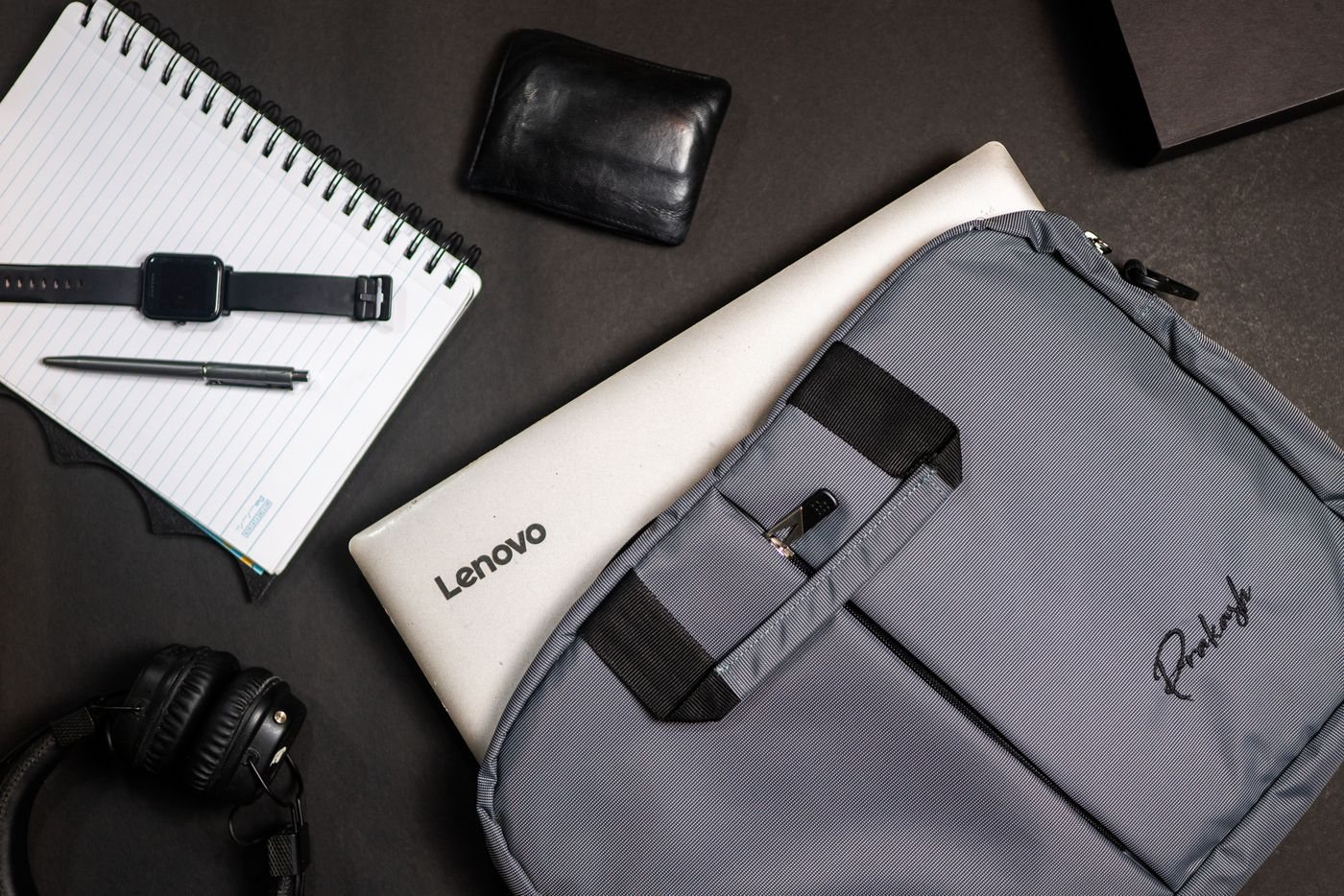 Laptop bag, notebook, and everyday work accessories